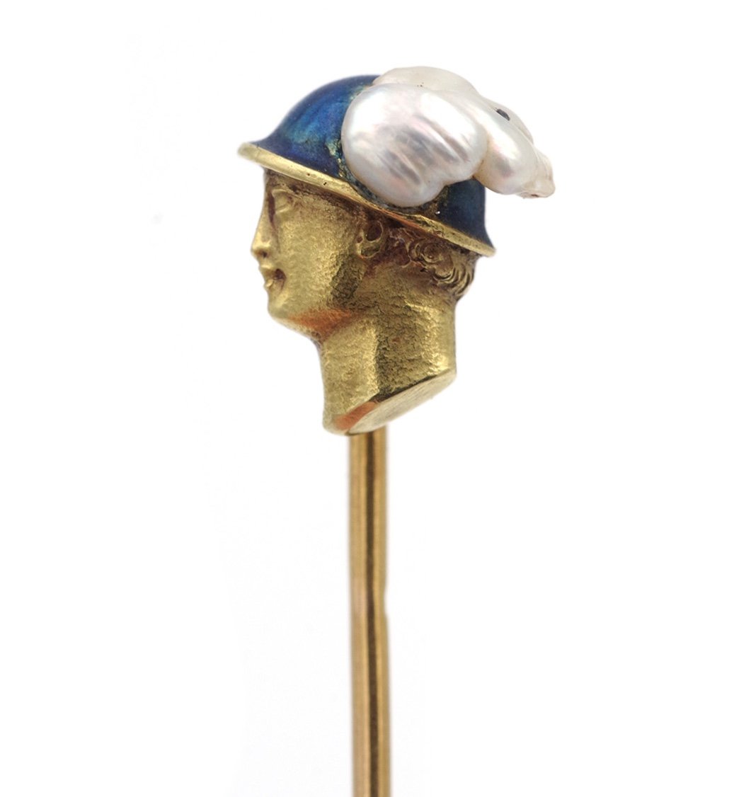 Hermès Louis Zorra Pin In 18 Karat Matte Gold, Fine Pearl, Art Nouveau, Mythology