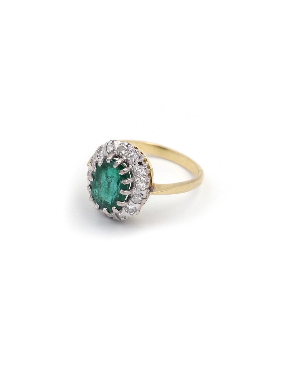 Emerald Cluster Ring 2.61 Cts In 18 Karat Gold, Brilliant Cut Diamonds, Vintage, Zambia-photo-3