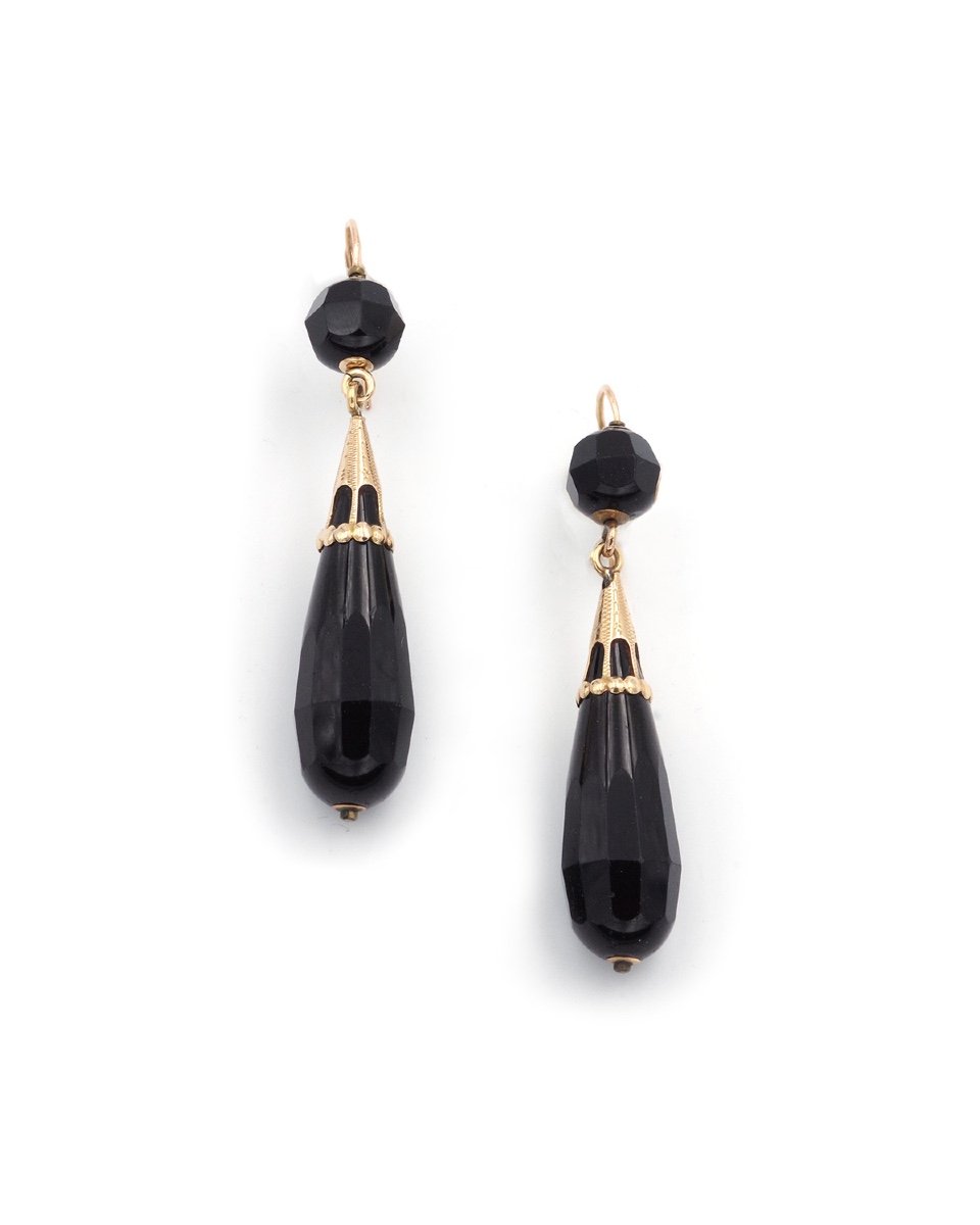 Long Black Earrings In 18 Karat Gold, Late 19th Century, Antique Drop Earrings, Souvenir-photo-2