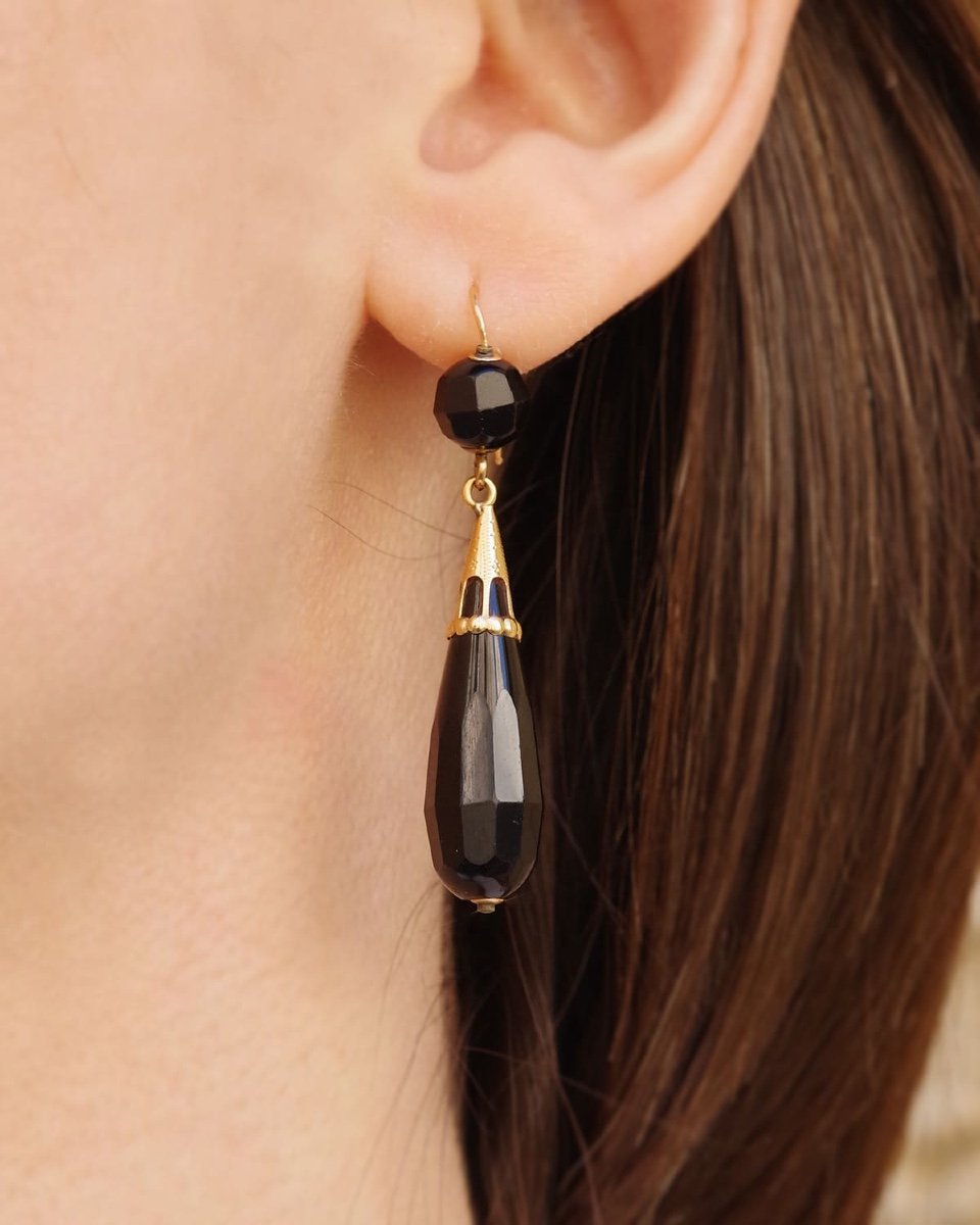 Long Black Earrings In 18 Karat Gold, Late 19th Century, Antique Drop Earrings, Souvenir-photo-3