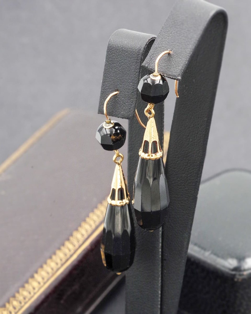 Long Black Earrings In 18 Karat Gold, Late 19th Century, Antique Drop Earrings, Souvenir-photo-4