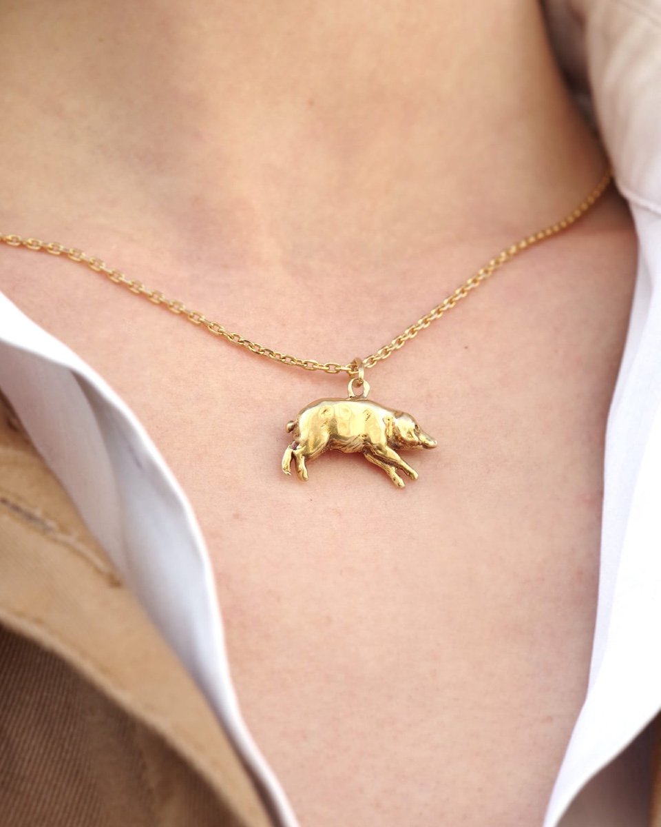 Lucky Pig Charm Pendant In 14 Karat Gold, Lucky Charm, Luck, Antique Jewel-photo-2