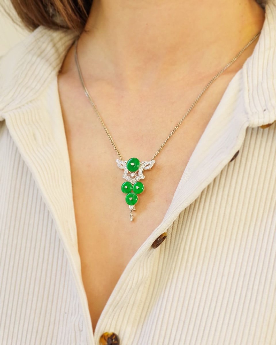 Jade And Diamond Brooch Pendant In 18k White Gold, Jadeite Jade, Diamond, Style Jewelry -photo-4