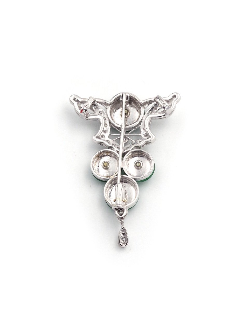 Jade And Diamond Brooch Pendant In 18k White Gold, Jadeite Jade, Diamond, Style Jewelry -photo-1