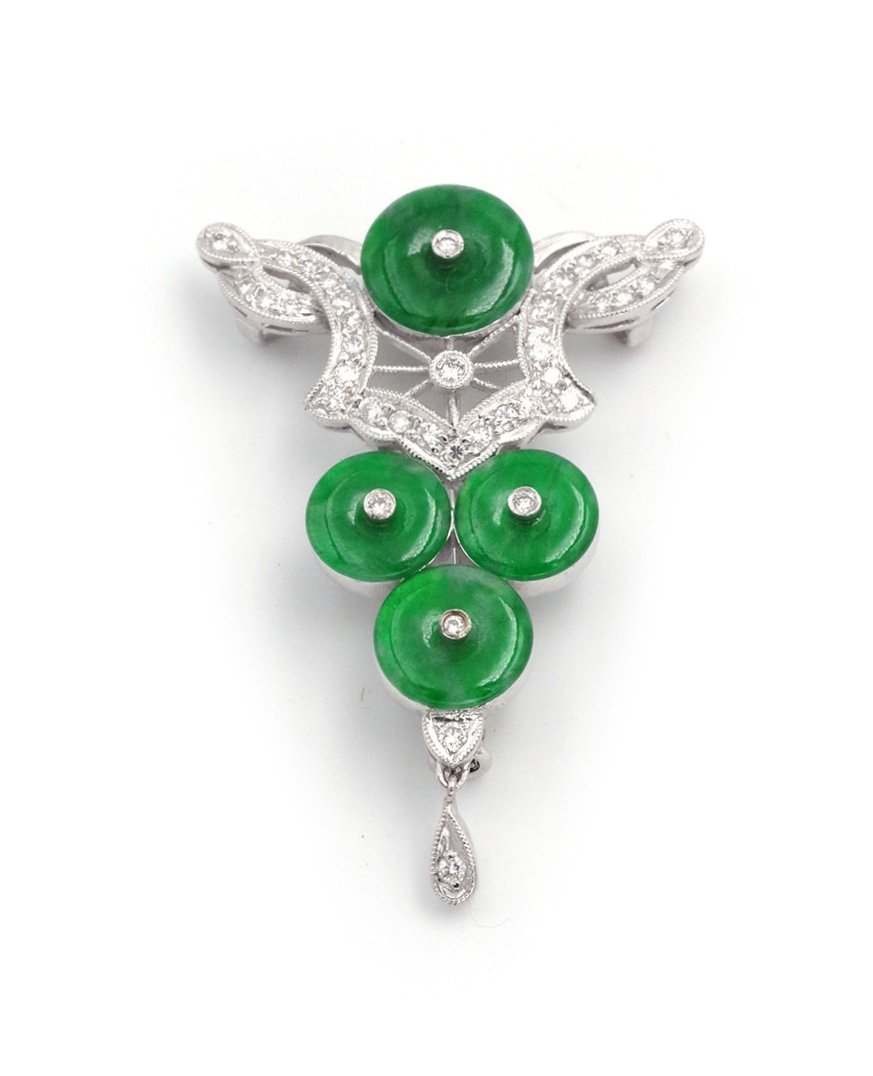 Jade And Diamond Brooch Pendant In 18k White Gold, Jadeite Jade, Diamond, Style Jewelry 