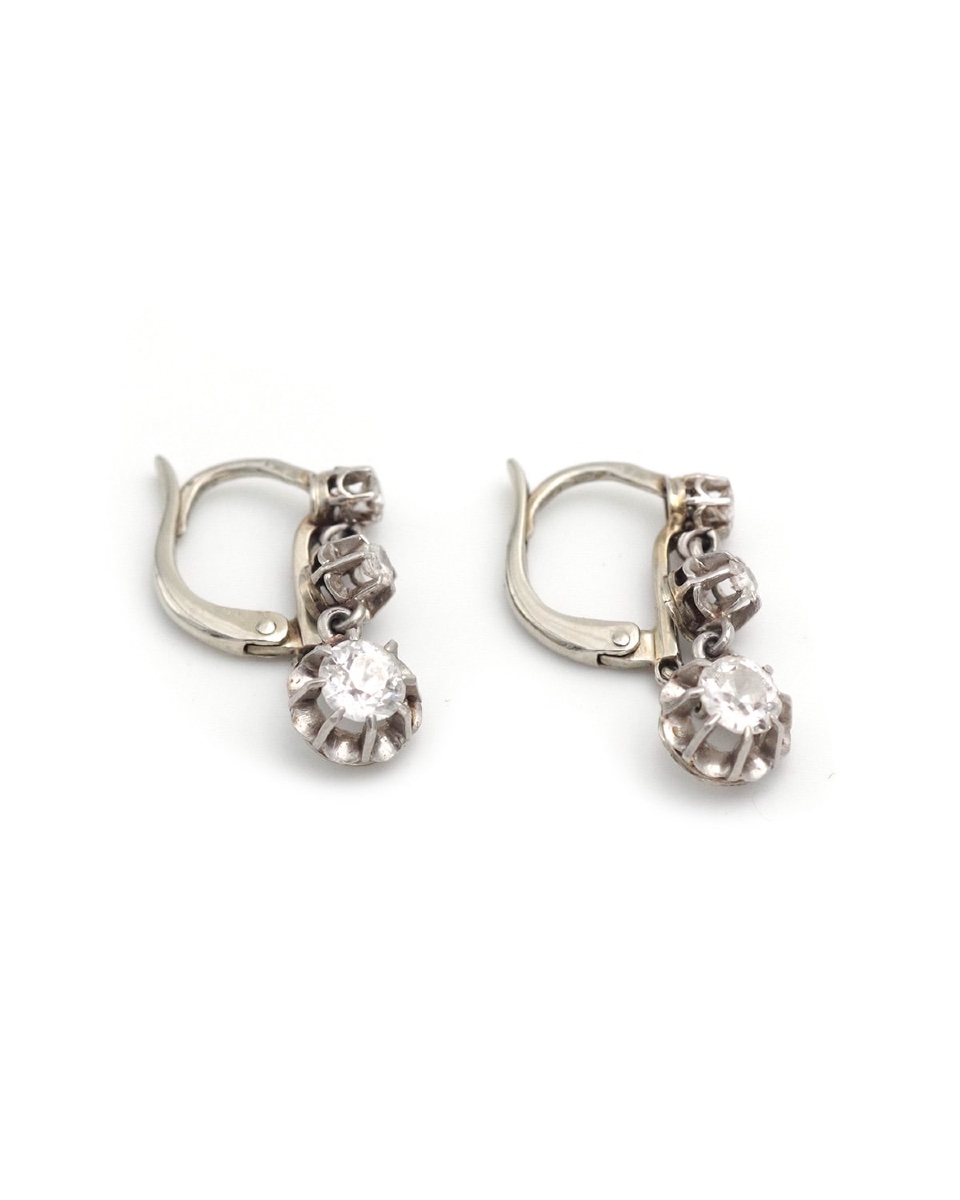 Antique Three Diamonds Earrings 0.72 Ct In 18k Gold And Platine, Antique Earrings-photo-3