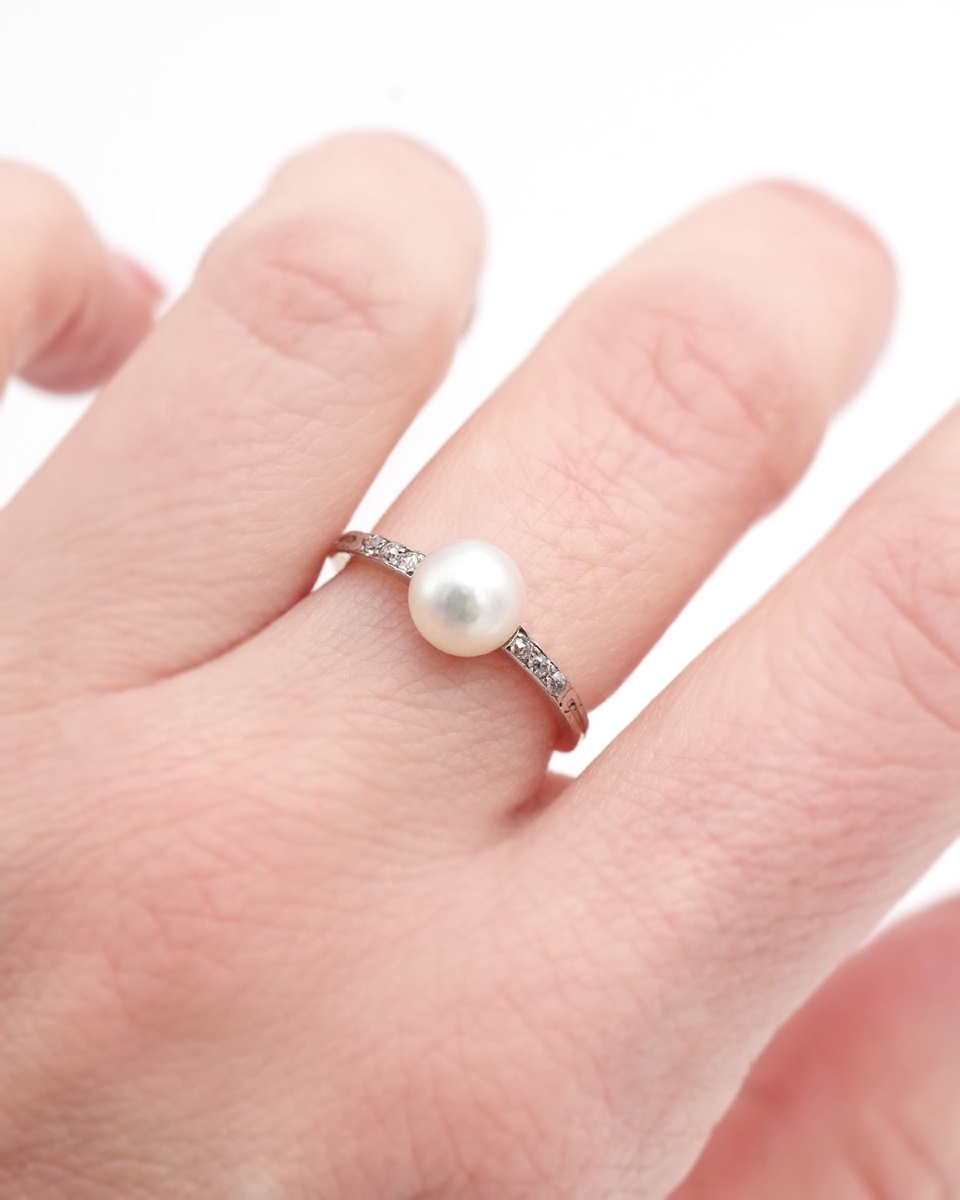 Certified Natural Pearl Ring In 18 Karat Gold And Platinum, Art Deco Ring, Natural Pearl-photo-3