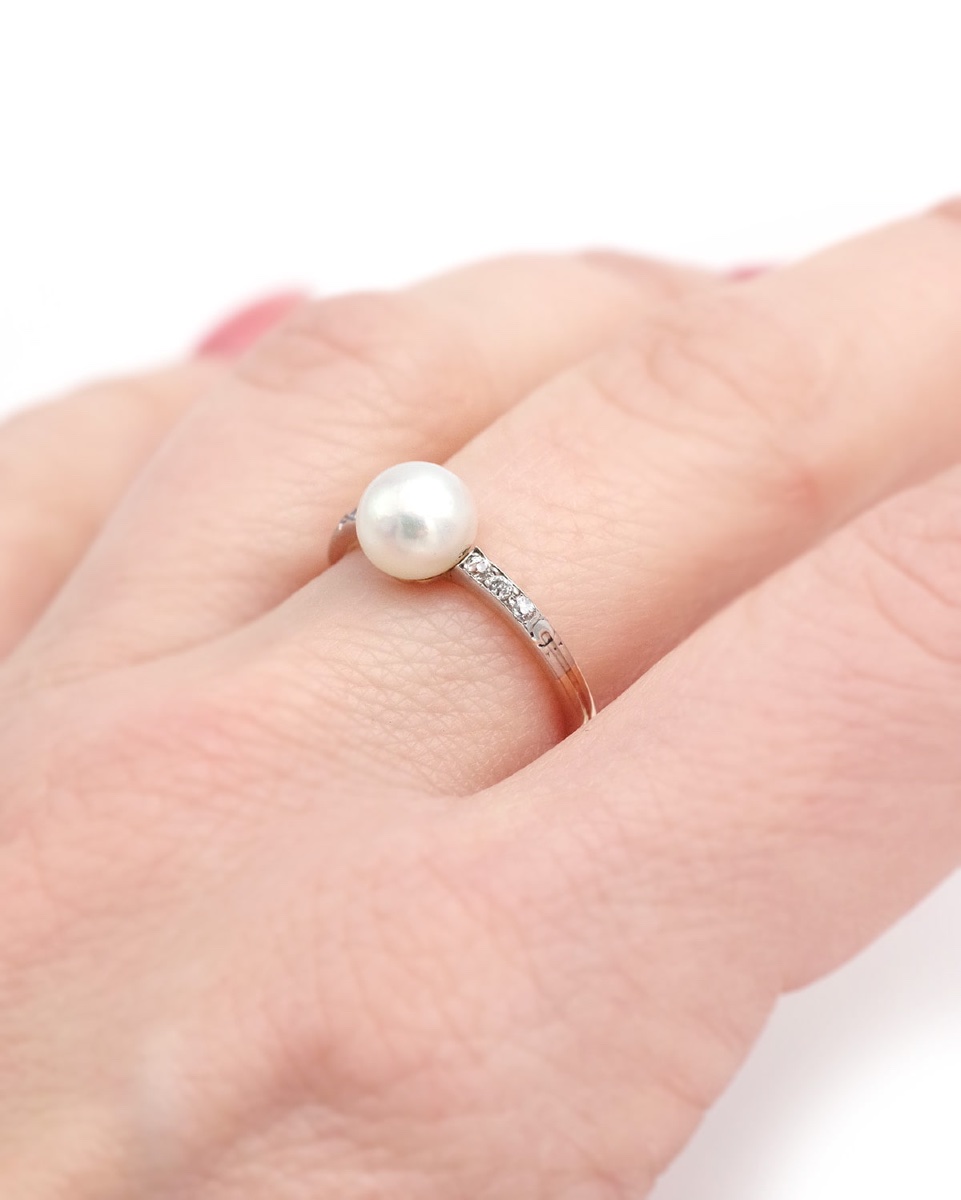 Certified Natural Pearl Ring In 18 Karat Gold And Platinum, Art Deco Ring, Natural Pearl-photo-4