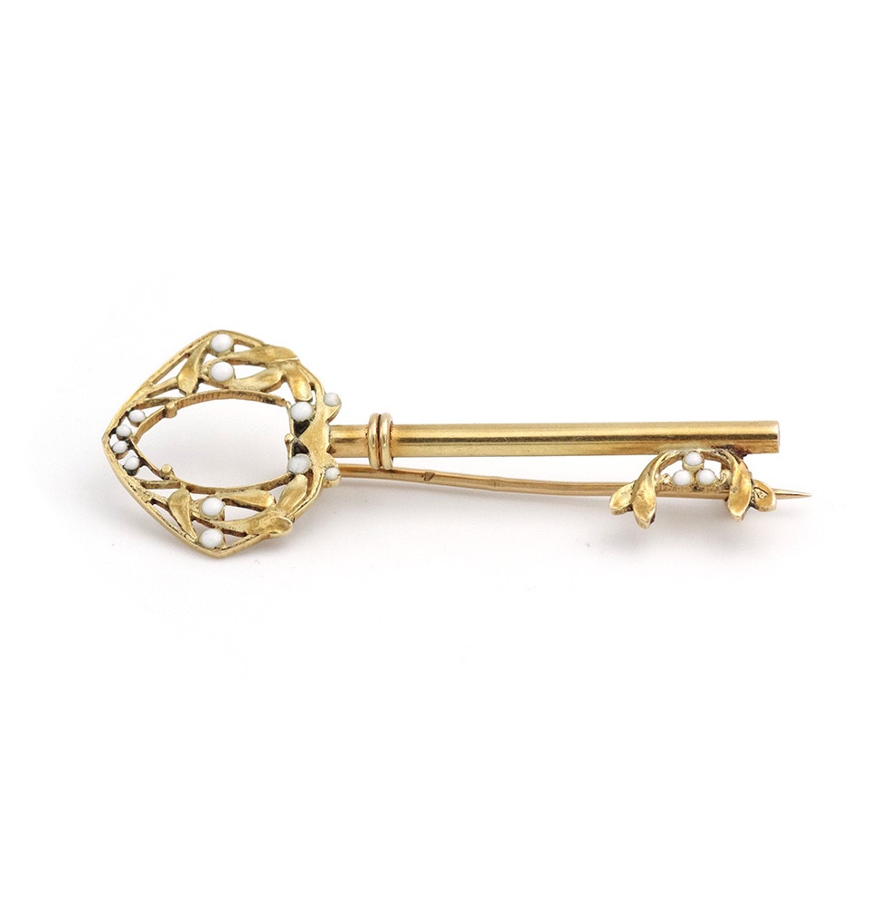 Art Nouveau Key Brooch In 18 Karat Gold And Enamel, Enamelled Gold, Art Nouveau Jewelry