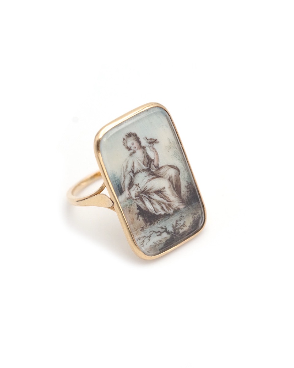 Georgian Large Miniature Ring In 18 Karat Gold, Lamb, Dove, Sentimental Jewelry-photo-2