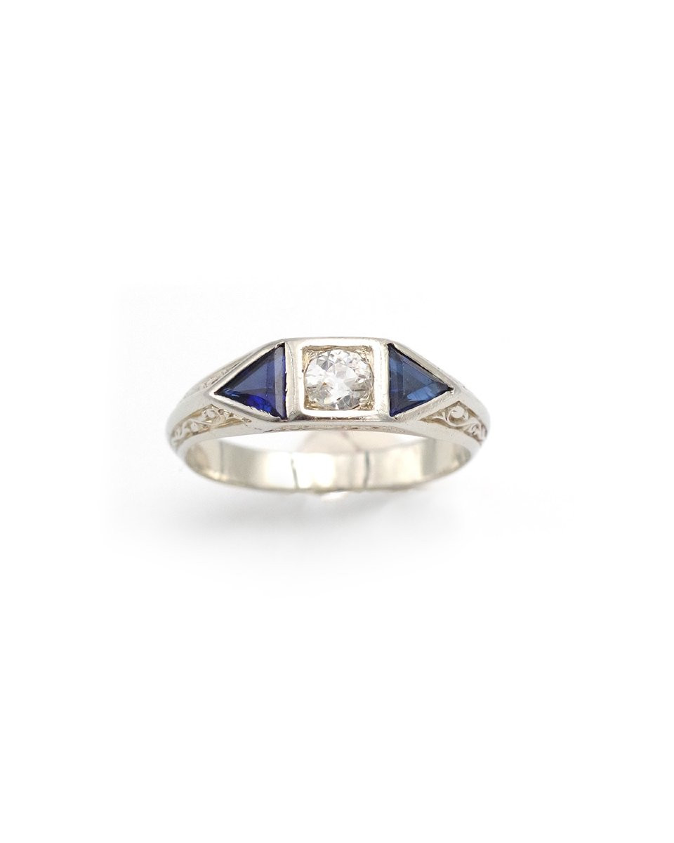 Edwardian Ring For Men In 18k White Gold, Sapphire And Diamond, Early 20th Century, 0.30 Ct-photo-2