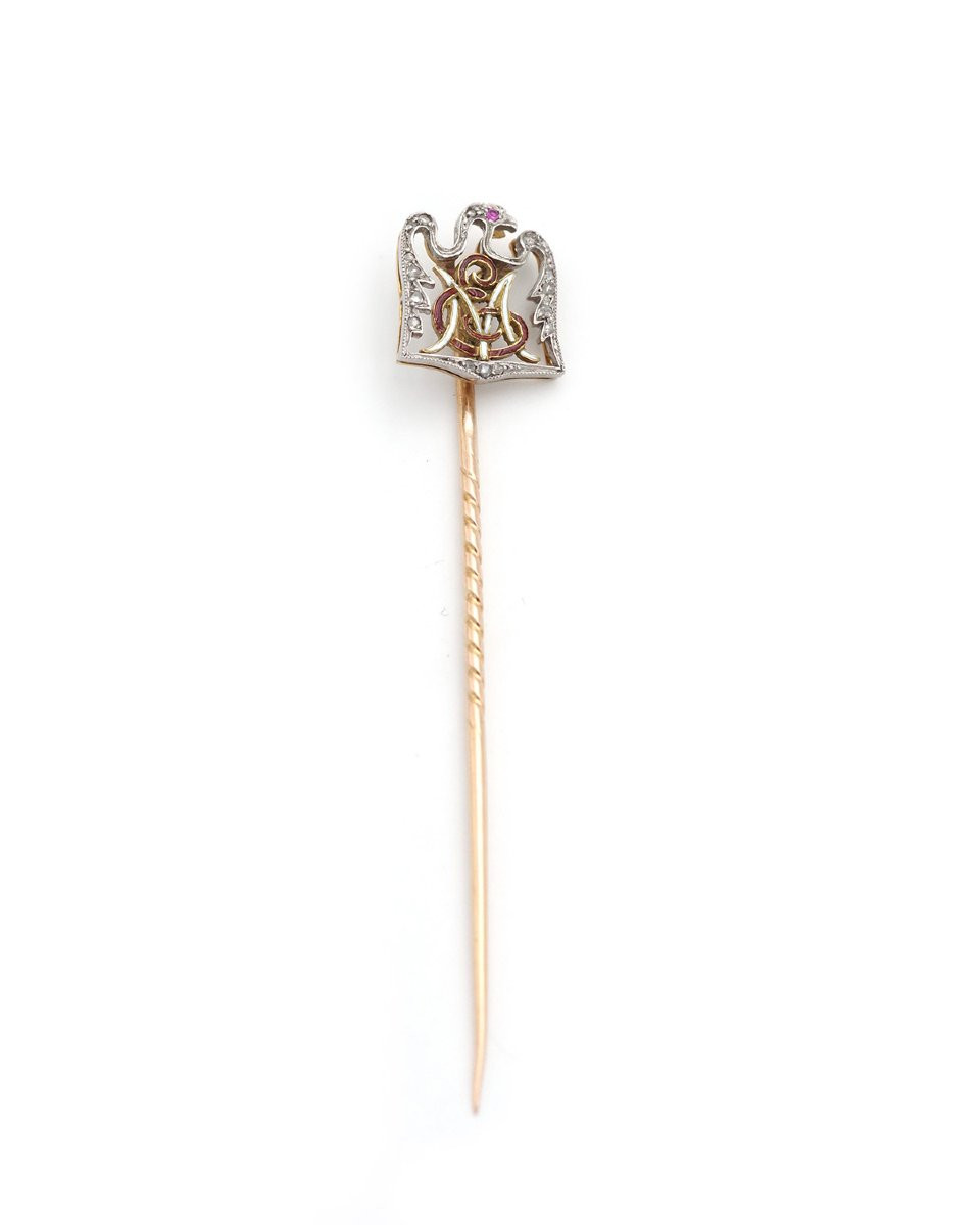 Edgard De La Moskowa Eagle Pin In 18k Gold And Platinum, Diamond, Ruby, Monogram Em-photo-2