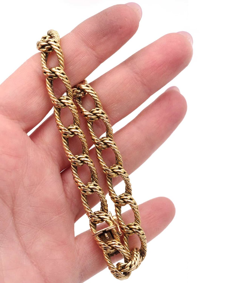 70s Curb Chain Bracelet In 18k Textured Gold, Vintage Solid Gold Bracelet, French Modernist -photo-3