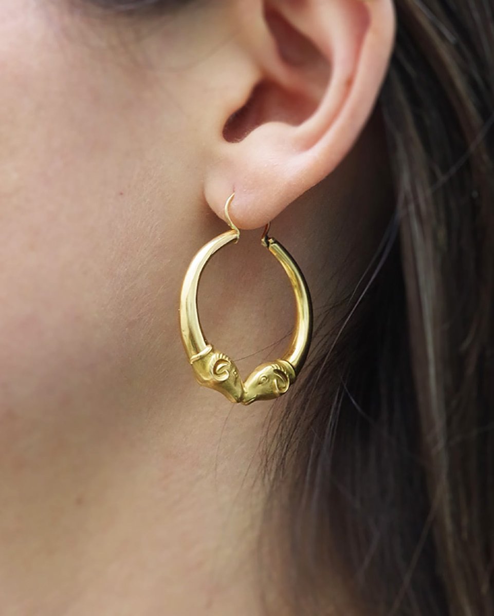 Rams Head Hoop Earrings In 18 Karat Gold , Hollow Gold, Greek Or Roman Antique Style Earrings-photo-3