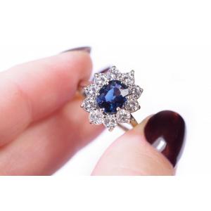 Sapphire Diamond Cluster Ring In Gold 18k, Wedding Sapphire Ring, Brilliant-cut Diamond