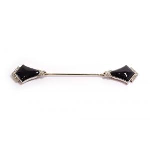 Epingle Jabot Art Deco Onyx En Platine Et Or 18k, Epingle Ancienne, Onyx Cabochon