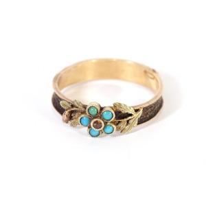 Forget-me-not Turquoise Ring In 18k Rose Gold, Braided Hair, Antique Memento Ring