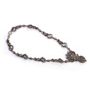 Antique French Regional Necklace In Silver, Fleur-de-lis, Rhinestones, Paste Stones