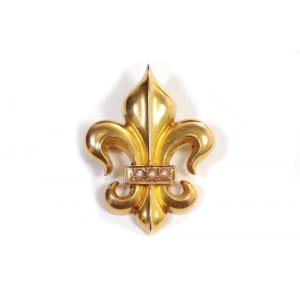 Broche Fleur De Lys En Or Jaune 18k, Broche Ancienne, Perles Fines, Bijou Ancien