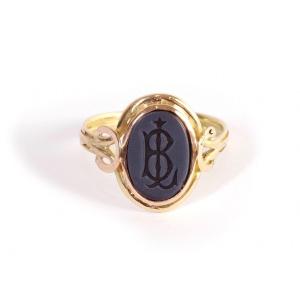 Victorian Monogram Signet Ring In 18k Gold, Ring For Men, Agat Nicolo Intaglio Ring, Bl