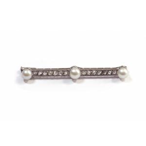 Art Deco Diamonds Pearl Brooch In Platinum And 18k Gold, Line Brooch, Rose-cut Diamonds