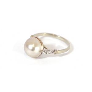 Bague Art Deco Perle En Or 18k, Bague Perle Mabe, Diamant Taille Ancienne, Bijou Ancien Paris