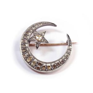 Diamond Crescent Moon And Star Brooch In 18k Gold And Silver, Diamond Moon Brooch