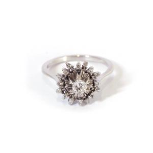 Bague Fleur Diamants Ancienne En Or Blanc 18k, Bague Marguerite Diamants, Bague Fleur Diamants