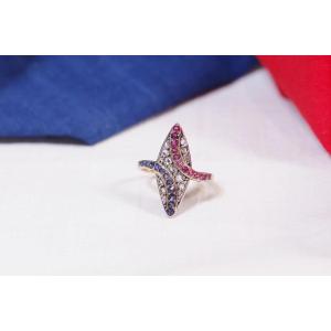 Patriotic Marquise Ring In 18 Karat Gold, Ruby, Sapphires, Sports-related Jewelry Paris 2024