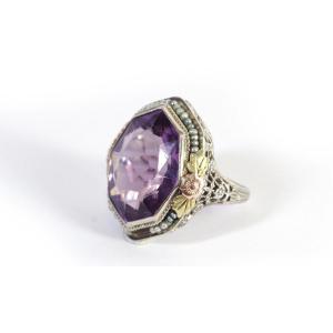 Art Deco Amethyst Cocktail Ring In 14 And 18 Karat Gold, American Ring, Art Deco Ring, Pearls