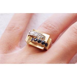 Sapphire Diamond Tank Ring In 18k Gold, Retro Tank Ring, Retro Jewelry, Antique Jewelry