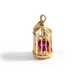 Pendentif Amour En Cage De Charles Perroud En Or 18k, Rubis De Synthèse, Bijou Vintage