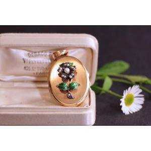 Victorian Flower Locket Pendant, Rose Gold 18k, Enamel Gold, Natural Pearl