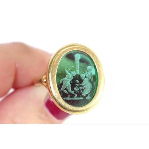 Antique Green Intaglio Ring In 18k Gold, Victorian Ring, Green Intaglio, Glass, Antique Jewel