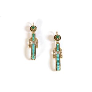 Longues Boucles D’oreille Turquoises En Or 18k, Grandes Boucles d'Oreille, Turquoises Cabochons