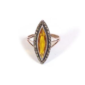 Victorian Marquise Yellow Ring In 18k Gold And Silver, Navette Ring, Marcassites, Yellow Glass