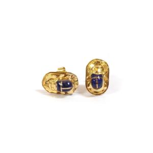 Egyptian Scarab Ear Stud In 18k Gold, Lapis Lazuli Earrings, Egyptian Jewelry, Vintage Jewelry