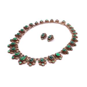 Demi-parure De Théâtre Austro-hongroise En Argent Doré, Collier Ancien, Chrysoprases