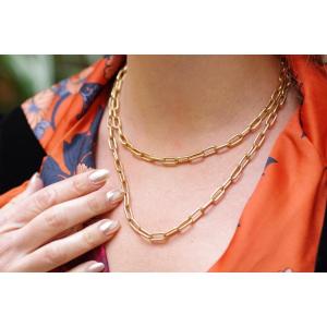 Sautoir Paperclip Long Chain In 18k Gold, Long Chain Gold Necklace, Rectangular Links