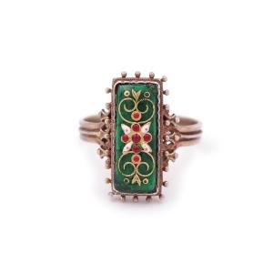 Victorian Bressan Enamel Ring In Gilded Silver, Rectangular Shape Ring, Green Enamel Ring