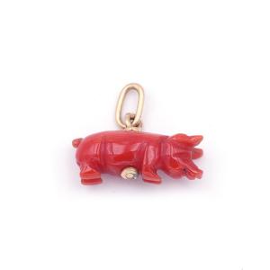 Coral Lucky Pig Pendant In 18 Karat Gold, Lucky Pendant, Coral Pig, Carved Coral Ring