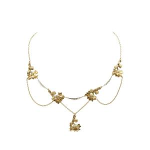 Art Nouveau Flower Drapery Necklace In 18k Gold And Platinum, Flower Necklace, Antique Jewelry