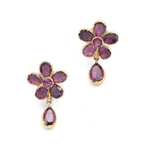 Boucles d'Oreille Grenats En Or 9 Karats, Fleur, Grenats Plats, Bijou Anglais