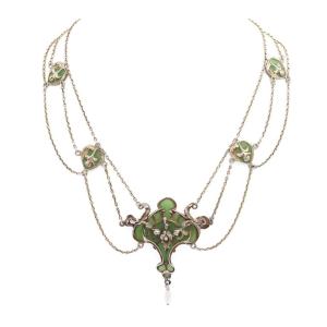 Collier Art Nouveau Janvier Quercia En Argent, émail Plique A Jour, Perle, Fleurs