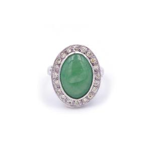 Bague Jade Diamants En Or Blanc 18k, Bague Vintage, Bijou d'Occasion, Taille Brillant 