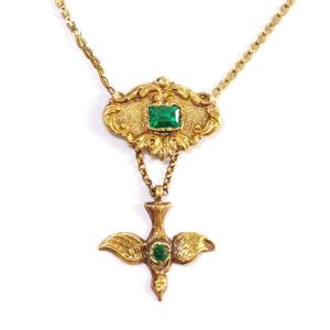 Victorian Holy Spirit Pendant In 18k Gold, Holy Spirit Pendant, Birds, Green Stones