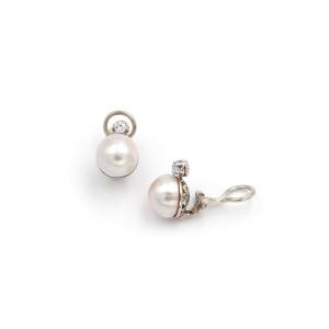 Clips d'Oreille Perles Mabe En Or Blanc 18k, Perle De Culture, Diamant Taille Brillant