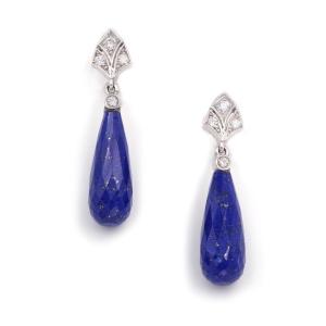 Lapis Lazuli Drop Earrings In 18 Karat White Gold, Art Deco Style, Diamonds