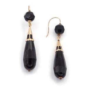 Long Black Earrings In 18 Karat Gold, Late 19th Century, Antique Drop Earrings, Souvenir