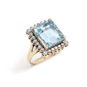 Vintage Aquamarine Cluster Ring 18k Gold Diamond, Cocktail Ring, 2.6 Cts, Vintage Jewelry